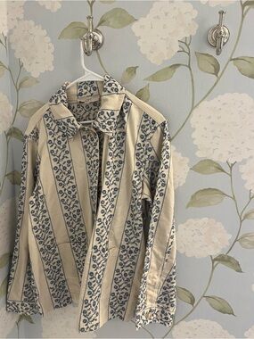 LOFT Cream and Blue Floral embroidered Stripe Lightweight barn Jacket